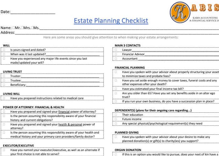 checklist to give kids estate planning